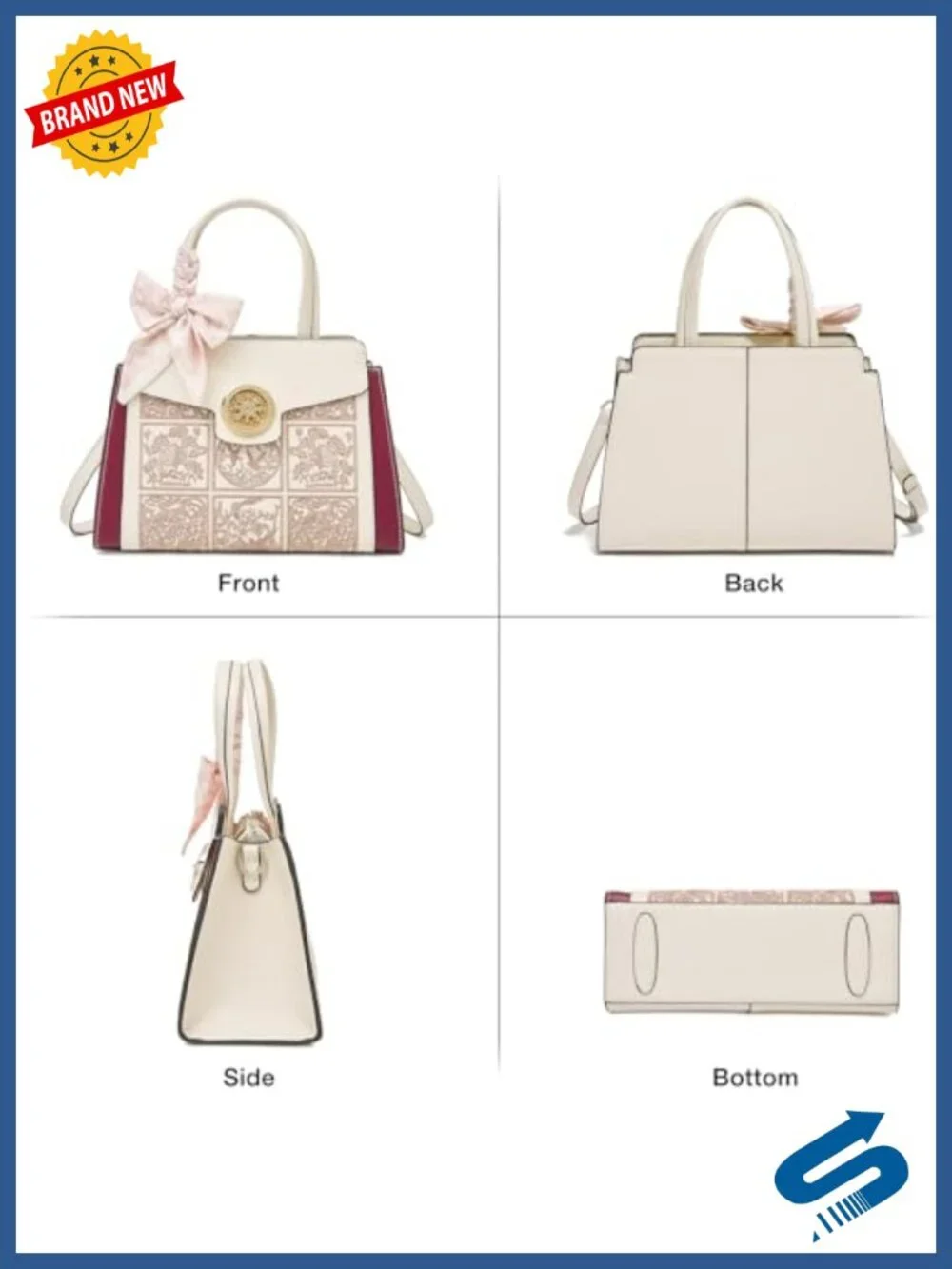 Leather Tote Handbag with Embroidery, Crossbody Purse with Fox Head Pendant